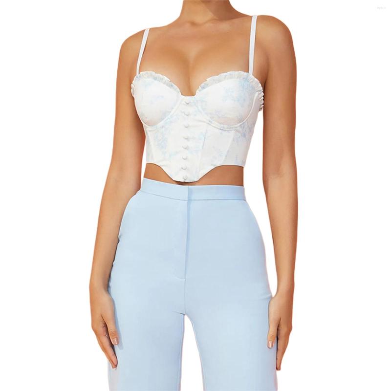 

Women's Tanks Women Irregular Printed Camisole 2022 Summer Girls Boned Spaghetti Strap Zipper Corset Crop Short Tops For Party Dating