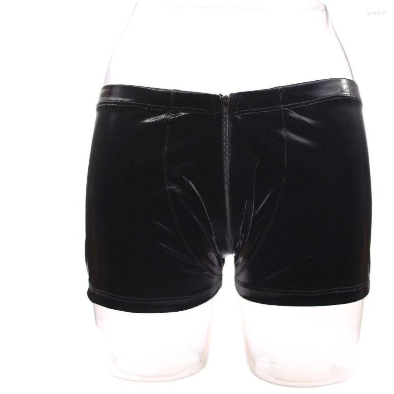 

Underpants Shiny Black PU Shorts Men Low Waist Underwear Boxer U Convex Pouch Rear Open Crotch Exotic Lingerie Stage Clubwear Outfit