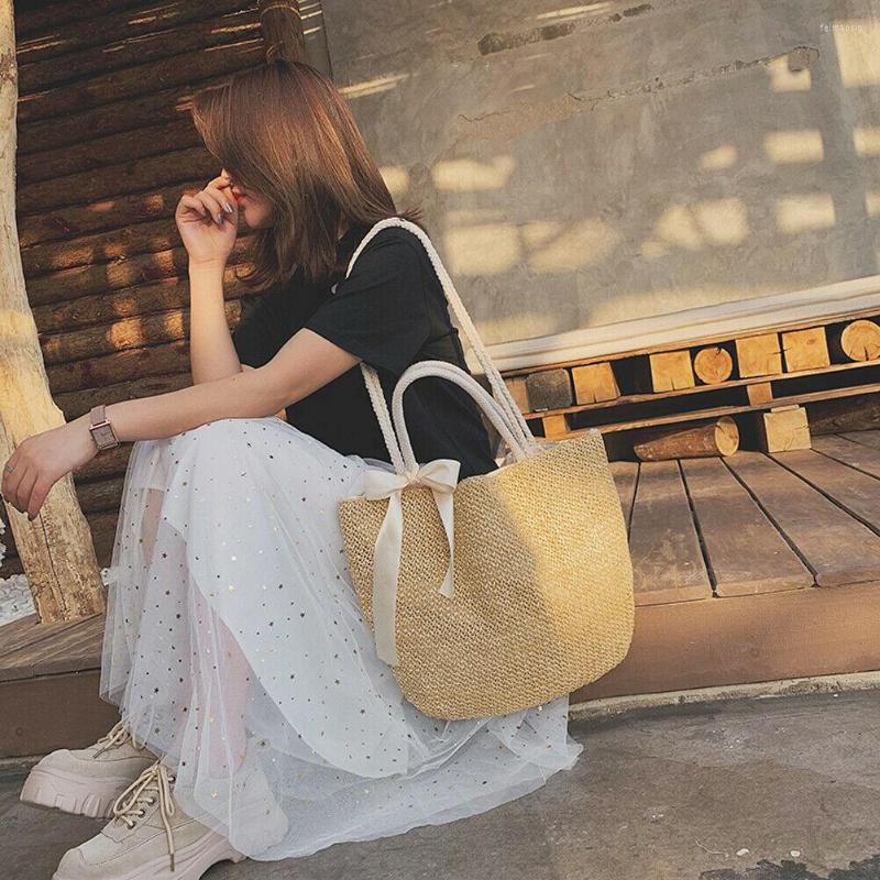 

Evening Bags Summer Women's Fashion Ribbon Bow Straw Woven Rattan Basket Shoulder Beach Wicker Weave Handbag, Beige