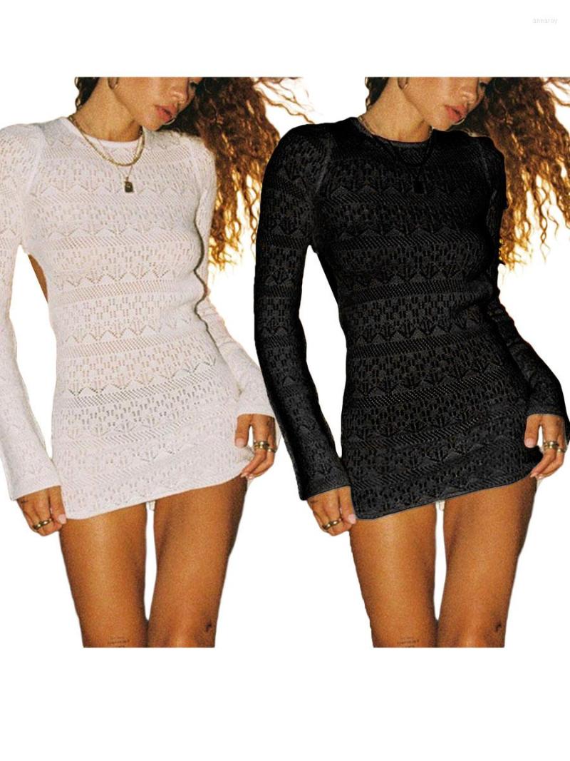 

Casual Dresses Women' Bodycon Dress Round Neck Long Sleeve Hollow Out Solid Color Skinny Mini, Black