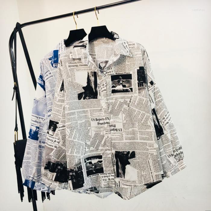 

Women's Blouses Women Turn Down Collar Loose Retro Spaper Print Long Sleeve Palazzo Blouse Shirt Asymmetric Tops, Black
