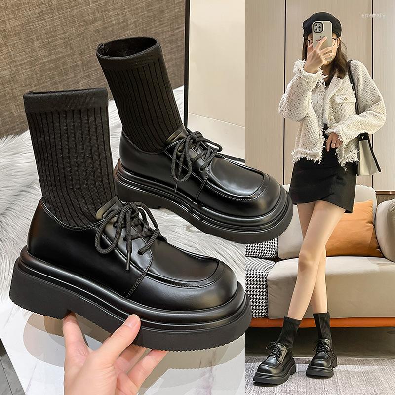 

Dress Shoes Sock Women's 2022 Single Thick Sole Increased British Style Slim Booties Women Pumps Leather Oxfords, Black
