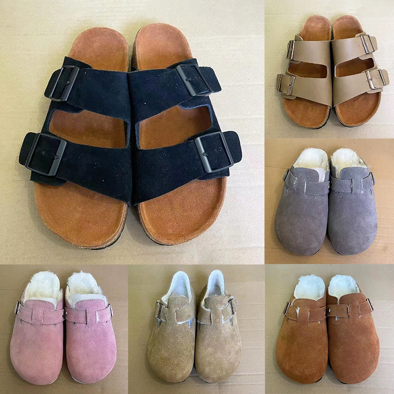 

New Germany designer slippers Boston Shearling Suede Soft Arizona Soft Footbed Leather Clogs Slipper Tow-strap Sandals mink Taupe fashion men women slides, 02 stone coin