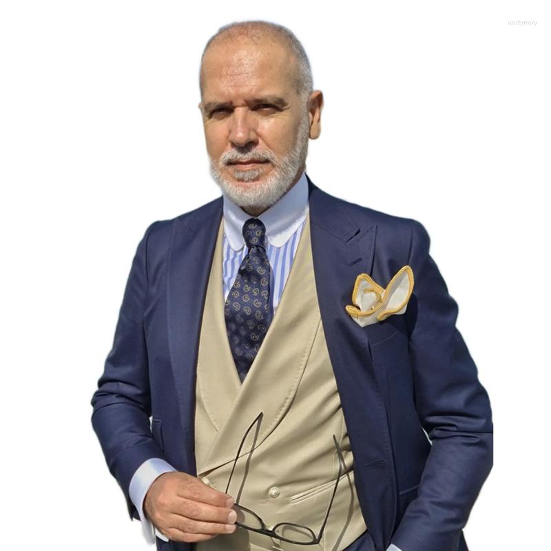 

Men' Suits Men Jacket Slim Fit 3 Piece Set Navy Blue Blazer And Pants With Beige Vest For Wedding Marriage Groom Wear/Formal Outfit, Picture shown