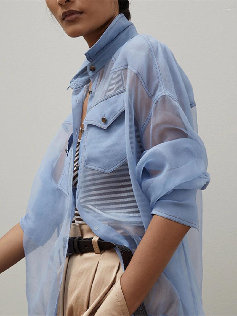 

Women' Blouses Women' Blue Patch Pockets Shirt Beadings See-Through Loose Turn-Down Collar Long Sleeve Female Simple Sunscreen Blouse