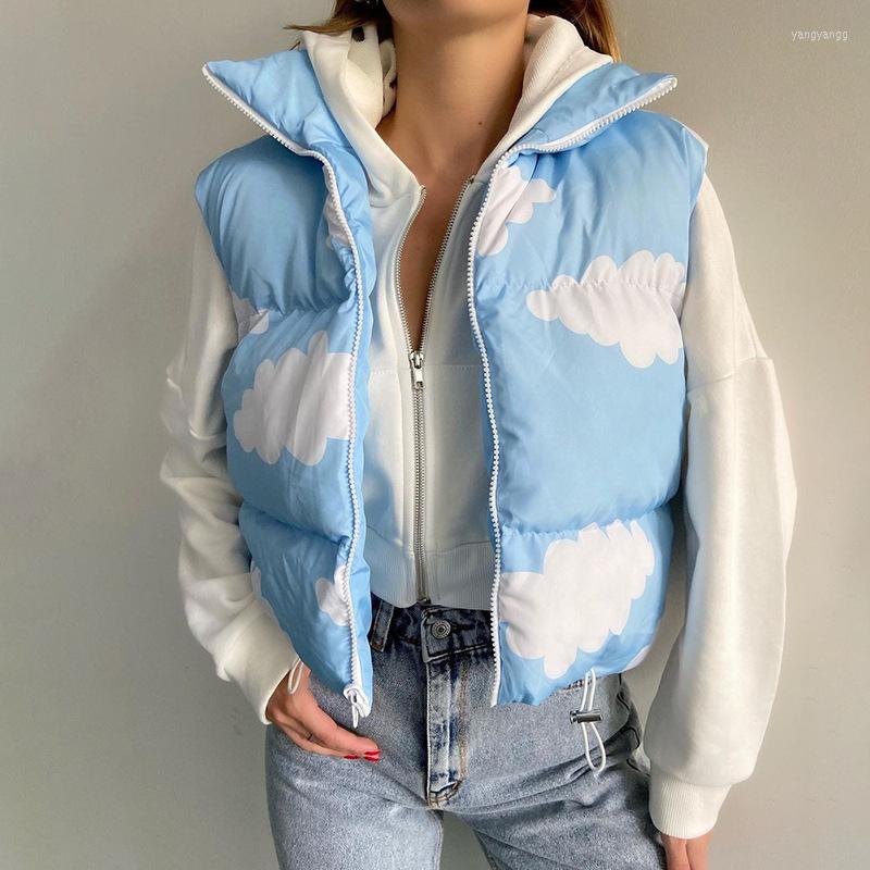

Women' Vests Women Down Coat Vest Cloud Print Color Block Stand Collar Thick Soft Warm Sleeveless Padded Fall Winter Jacket For Outdoor, As the picture