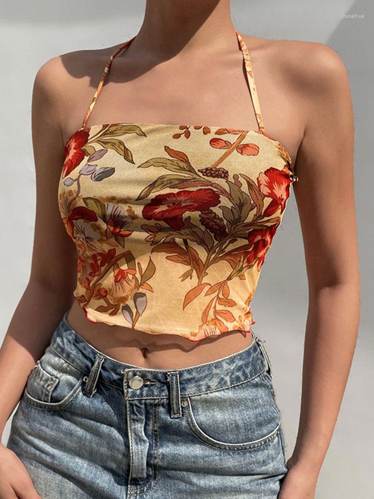 

Women' Tanks Y2k Crop Top Mesh See Through Sexy Corset Frill Cross Halter Sweats Female Summer Party Clubwear Cute Vests