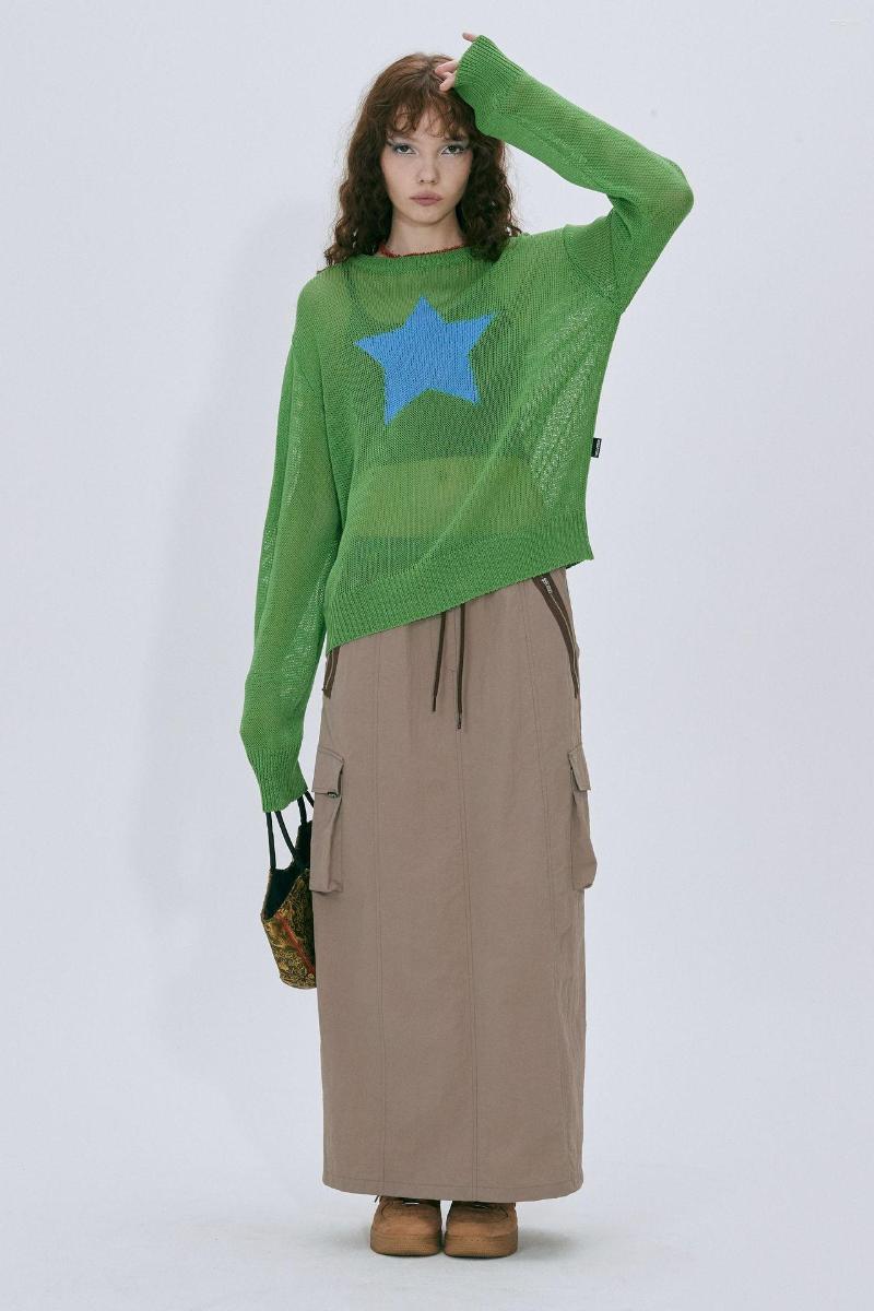 

Women' T Shirts 2022 Summer Autumn Star Kintted Smock Tops Women Y2K Long Sleeve See Through Loose Pullovers Vintage Streetwear, Black