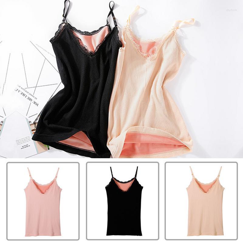 

Camisoles & Tanks Women V-Neck Lace Camisole Tank Top Fleece Lined Thickening High-Elastic Slim Thread Warm For, Black