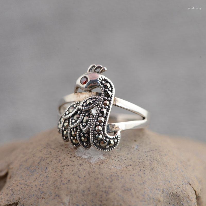 

Cluster Rings FNJ 925 Silver MARCASITE Peacock Ring For Women Jewelry Original Pure S925 Sterling