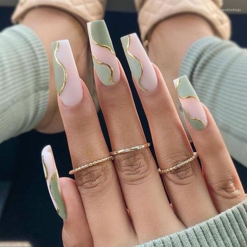 

False Nails 24Pcs Long Square Fake Wave Line Green Design Wearable Ballet Full Cover Nail Tips Acrylic Stick On, 108
