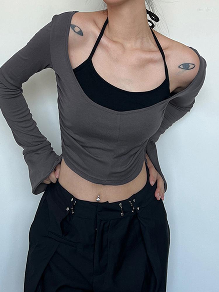 

Women' T Shirts Sexy Two Piece Set Long Flare Sleeve U-neck Out Off Shoulder Top Black Bandage Slim Tank 2022 Streetwear Tops Y2k Fashion, Gray