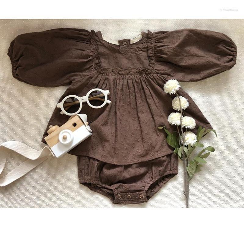 

Clothing Sets Vintage White/coffee Color Floral Embroidery Baby Girls Set Spring Long Lantern Sleeve Infant Kids Pullovers Bloomers Outfits