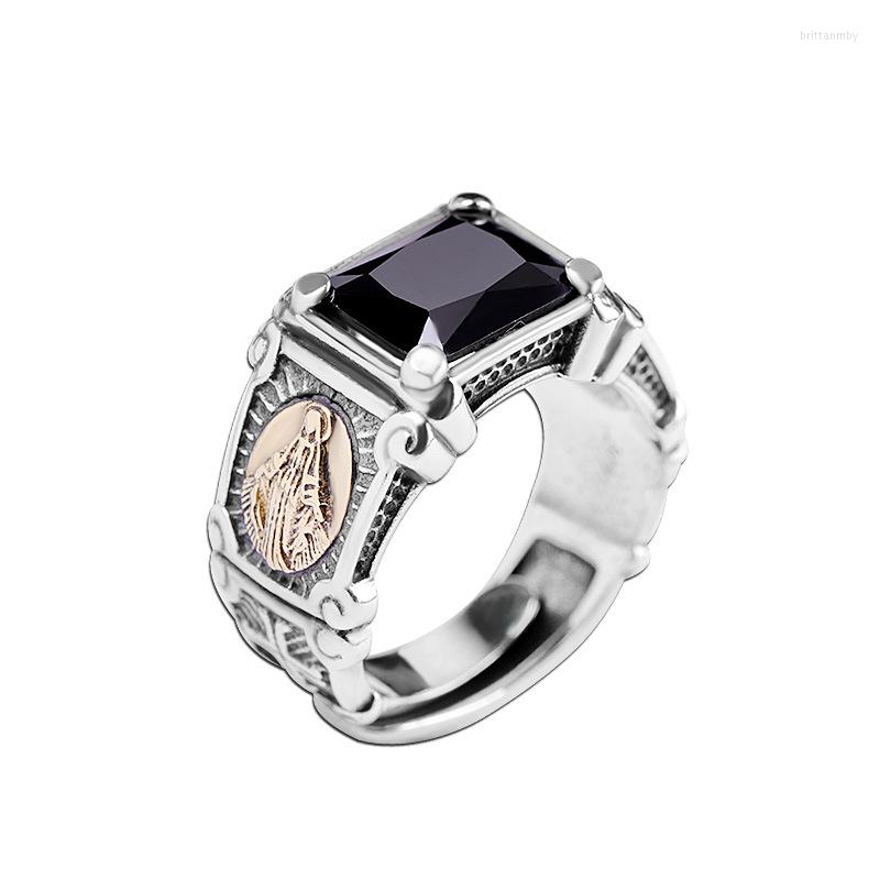 

Cluster Rings Personality Real S925 Silver Fashion Ring For Men Hip Hop Black Agate Virgin Mary Thai Man