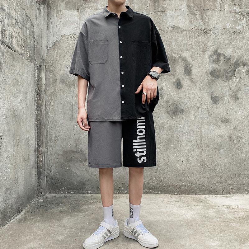 

Men's Tracksuits Men's Set Clothing Shirt Shorts Suit Patchwork Pocket Korean Style Summer Casual Cotton Short Knee-Length Pants, Black grey