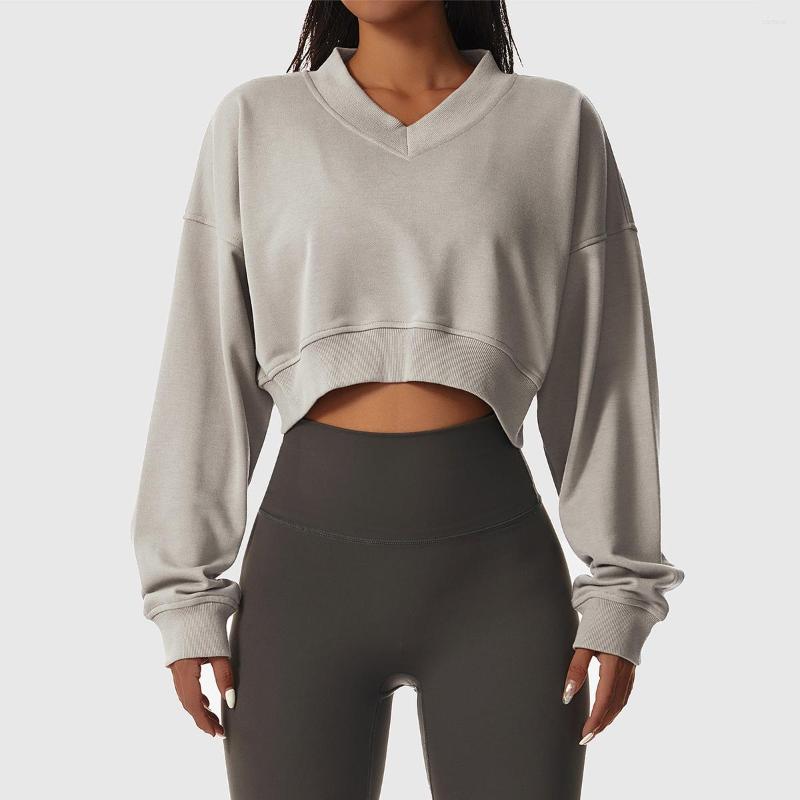

Active Shirts Long Sleeve Outdoor Workout Sweatshirt Women Fashion V-Neck Loose Fitness Yoga Shirt Sports Casual Crop Top Female Sportswear, Gray