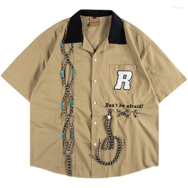

Men's Casual Shirts Letter Embroidery Short Sleeve Shirt Mens Streetwear Lace Up Decoration Half-Sleeve Summer Shoulder Drop Lapel Men, Brown