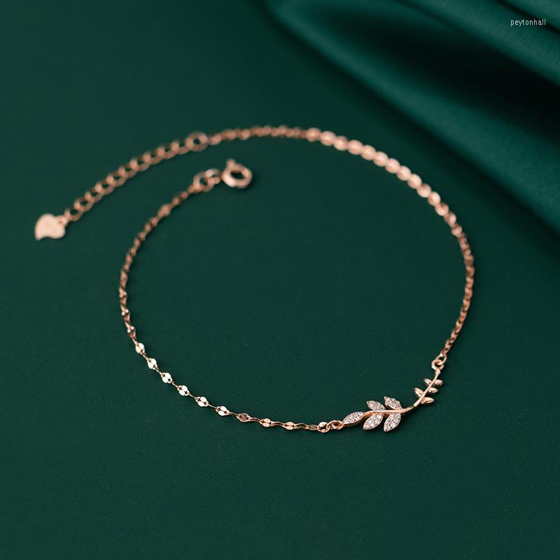 

Anklets 925 Sterling Silver Women's Anklet Leaves Foot Bracelets On Leg Rose Gold Color Asymmetry 21CM Adjustable Minimalist