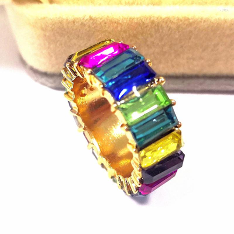

Wedding Rings Gold Filled Rainbow Baguette Acrylic For Women Bohemian Crystal Ring Cubic Zirconia Statement Engagement Jewelry Gifts