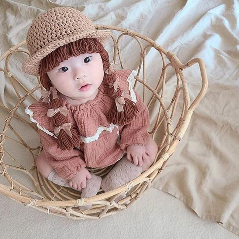 

Hats Korean Style Children Baby Girl Hat Long Hair Braid Wig Cap Bow Princess Winter Warm Knitted Patchwork Kids Girls And Caps, Khaki