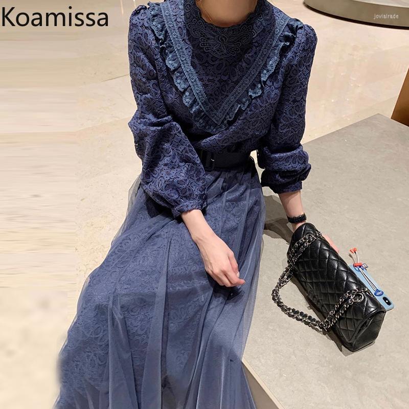 

Casual Dresses Koamissa Lace Retro Women Maxi Dress Long Sleeves O Neck A Line Female Fashion Lady Chic Korean Vestidos Drop, Blue