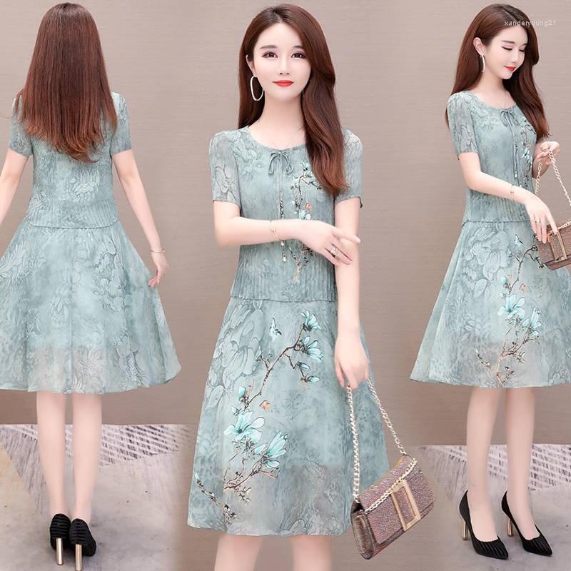 

Party Dresses Women Short Sleeve Scoop Neck Knee-Length A-Line Fake Two Chiffon Print Vintage Blue Red Green Cocktail 9437