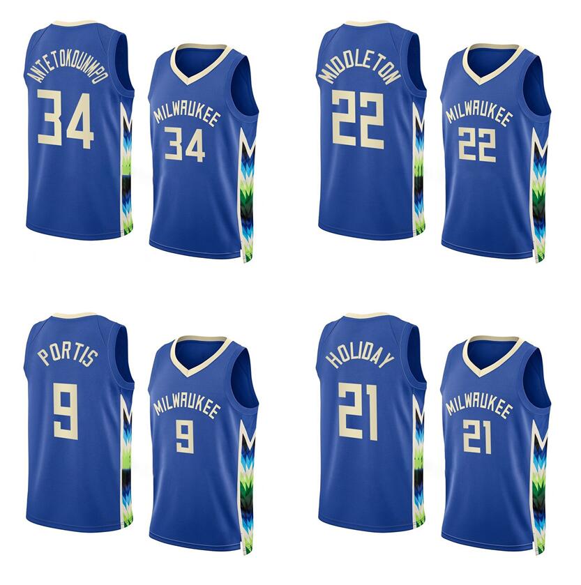 

Basketball jerseys Giannis Antetokounmpo Khris Middleton Jrue Holiday Bobby Portis 2022-23 season blue city versions Men Women Youth jersey, With logo