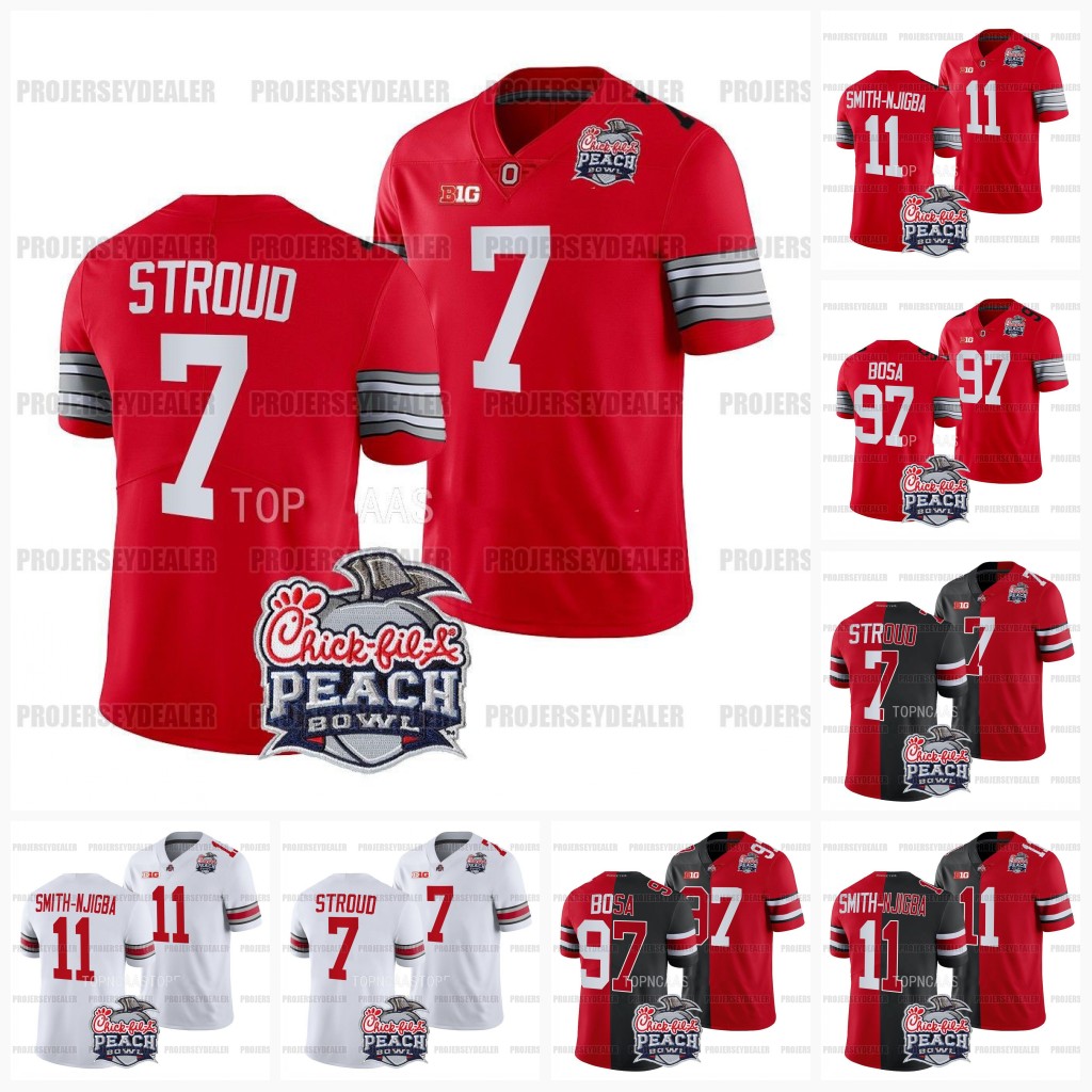 

Ohio State Buckeyes 2022 Peach Bowl Jersey C.J. Stroud Jaxon Smith-Njigba Justin Fields Joey Chris Olave Nick Bosa Henderson, Split mens s-3xl