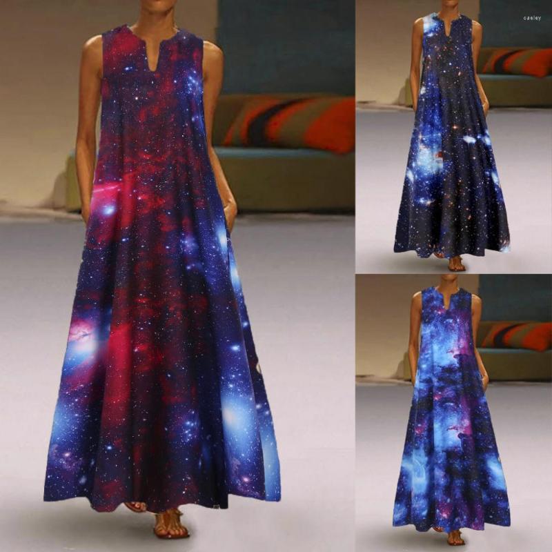 

Casual Dresses 2022 Women Sleeveless Dress Summer Fashion Floor-Length Loose Waist V-Neck Galaxy Blue 3D Starry Sky Print Long Lady, Color1