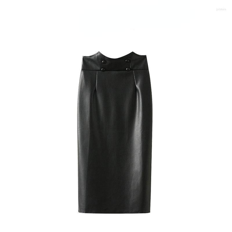 

Skirts Autumn Winter PU Leather Black Ladies Women Skirt High Waist Button Slim Fit Sheath Pencil