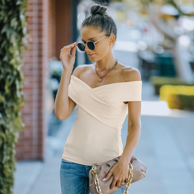 

Women' T Shirts Off The Shoulder Tshirt Women Clothing Sleeveless Knitting Strapless Open Back Bodycon Tee Shirt Tops Cross Slash Neck, Black