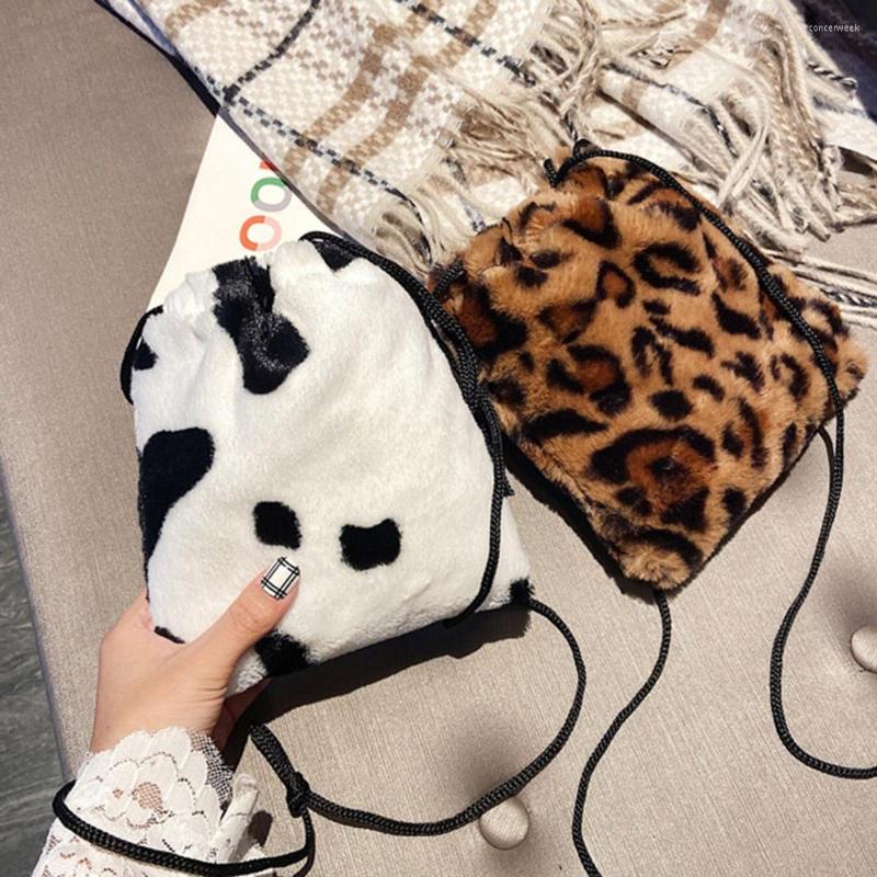 

Evening Bags Fashion Cow Milk Leopard Printed Plush Crossbody For Women Girl Drawstring Shoulder Bucket Mini Small Money Pouch, Cow pattern