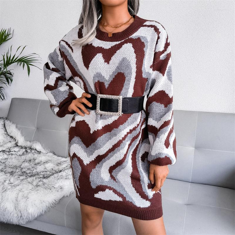 

Casual Dresses Women Sweater Autumn Spring Love Heart Pattern Long Sleeve Crew Neck Straight Dress Ladies Party Knitted Clothes, Black