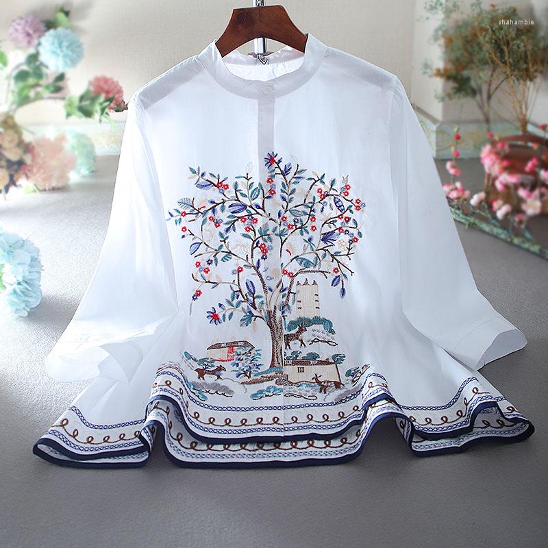 

Women's Blouses 2022 Korea Design Oversized Loose Stand Collar Show Thin A-line Embroidery Original Baby Shirt Ruffle Blouse, Blue
