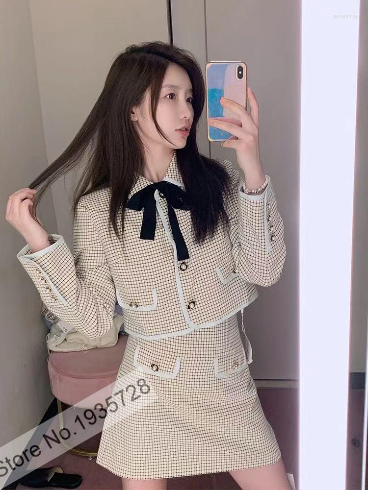 

Women' Tracksuits Ladies Plaid Jacket Outerwear With Contrast Bow Ties - Women Gingham Checkered Short Mini Skirt, Only skirt