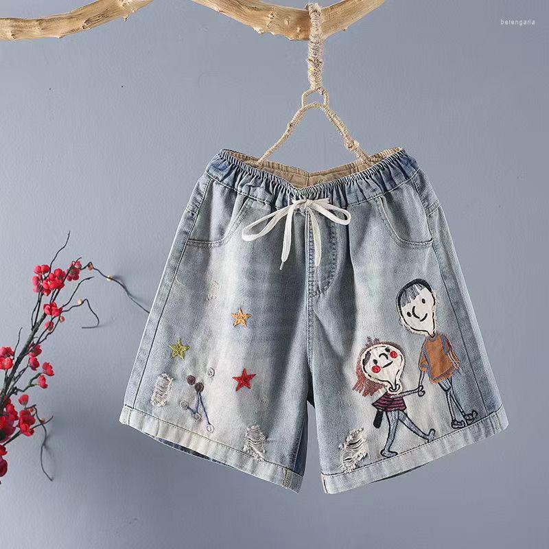 

Women's Shorts Denim Women Summer Elastic Waist Plus Size Loose Casual Embroidery Cute Cartoon Vintage Wide Leg Female Jean, G-912