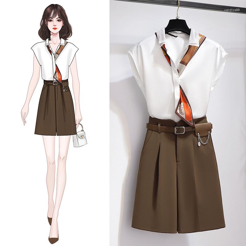 

Women' Tracksuits Summer 2022 Temperament Pantsuits Casual Scarf Deco Short Sleeve Satin Shirt Blouse Half-length Suit Pants Women' 2, White