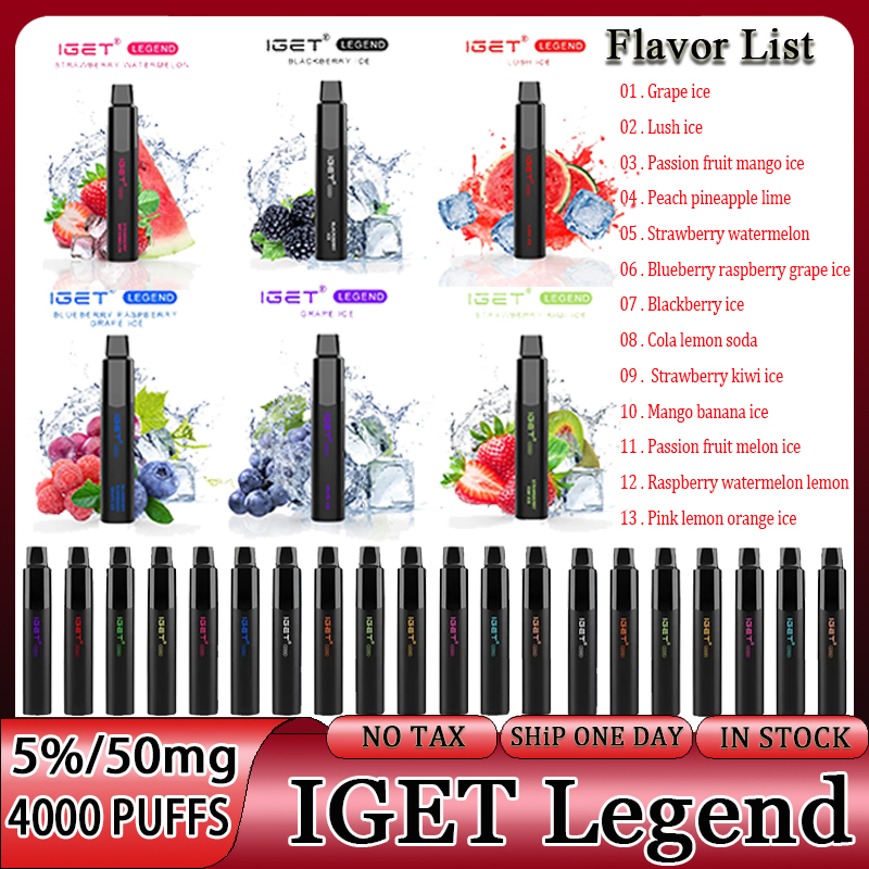 

Authentic IGET LEGEND 4000 Puffs Disposable E Cigarettes Pod Device Kit Powerful 1500mAh Battery 12ml Prefilled Cartridge Vape Pen Original Puff 4000 VS Iget King