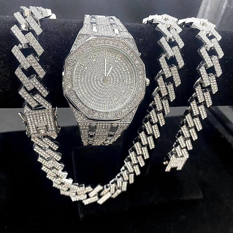 

Chains 3PCS Iced Out Watches For Men Gold Watch 15mm Cuban Link Bracelet Necklaces Diamond Hip Hop Jewelry Man Clock