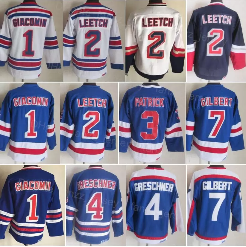 

Men Retro Ice Hockey Vintage 4 Ron Greschner Jerseys 7 Rod Gilbert 2 Brian Leetch 1 Eddie Giacomin 3 James Patrick 75th Anniversary Blue Whi, 1 white