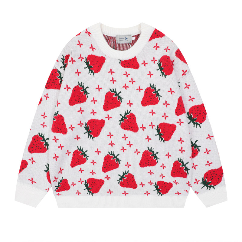 

Men Knitted Sweater Y2K Harajuku Strawberry Pullover Jumpers Sweaters Streetwear Autumn Hip Hop Fashion Casual Loose Sweater, Black