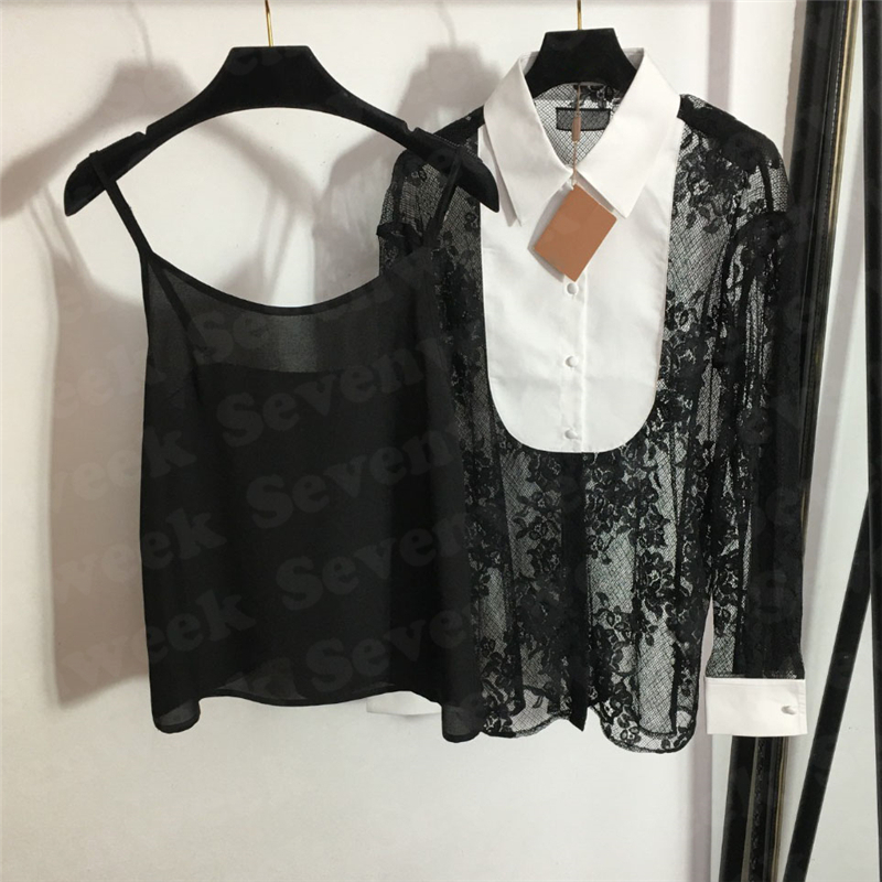 

Lace Splicing White Shirts Tees For Women With Sling Tops Mesh Breathable Ladies Fashion T Shirt Designer Brand Top, Black