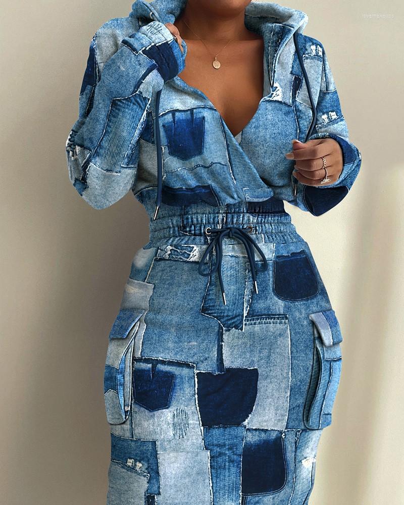 

Casual Dresses Ladies Dress Fashion Stitching Print Hooded Drawstring Waist Commuter Temperament Elegant Women