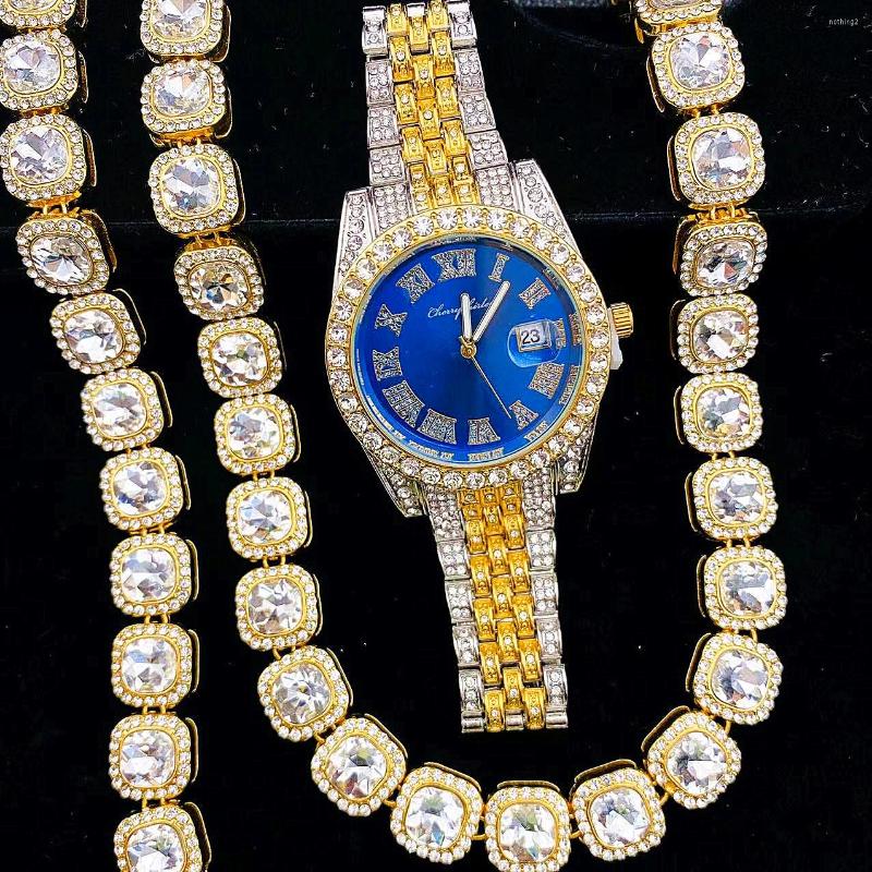 

Chains 3pcs Full Iced Out Watches Mens Gold Cuban Tennis Link Chain Bracelet Necklace Bling Women For Men HipHop Jewelry Watch Set