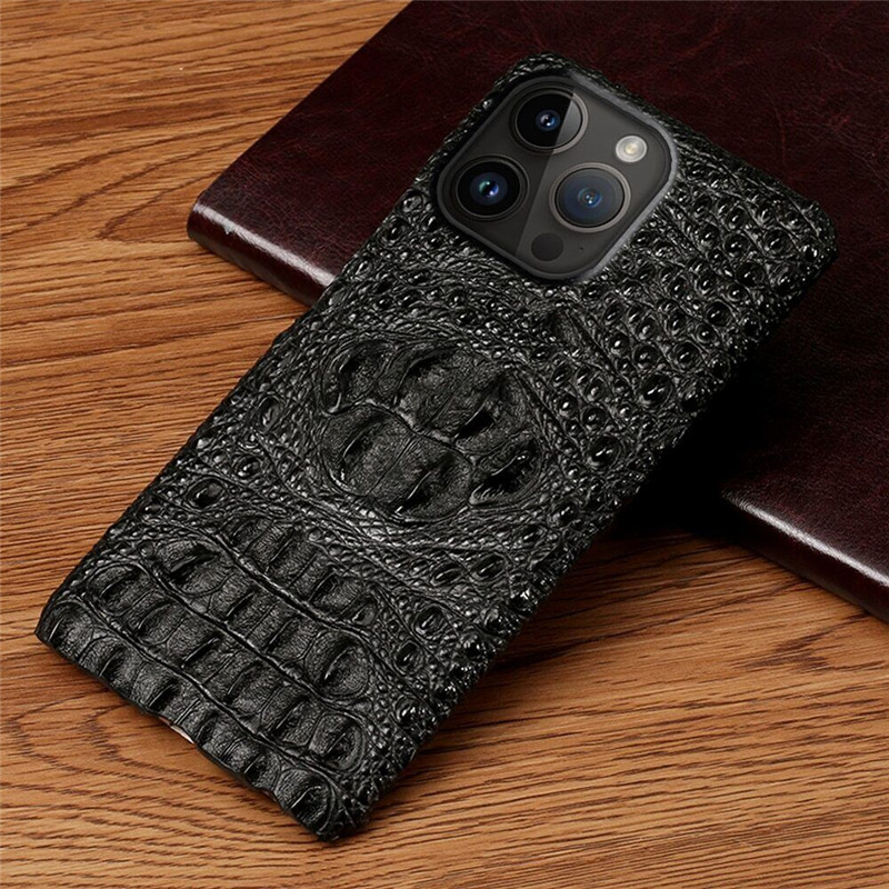 

Genuine Leather Case for iPhone 14 Pro Max 13 12 3D Crocodile Skull Armor Back Cover, Black