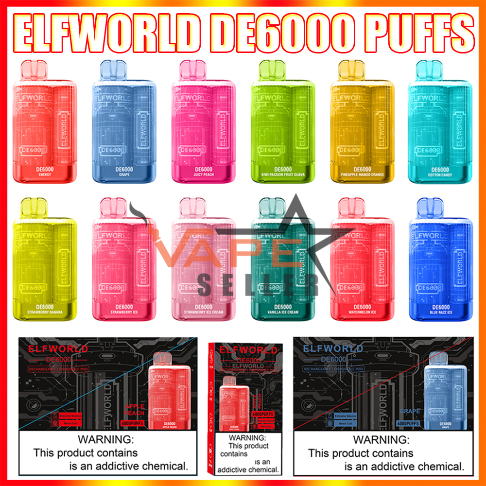 

Authentic Elfworld DE6000 6000 Puffs Disposable Vape Pen E Cigarette With Rechargeable 550mAh Battery Prefilled 13.5ml Pod Big Vapor Bar VS Elf Lost Mary Box