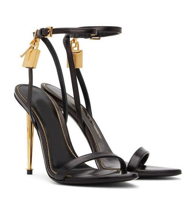 

Luxury Tomxford Sandals metal padlock Narrow word band high-heeled sandal 10.5cm women's leather high-heeled shoes original box transportation, 13