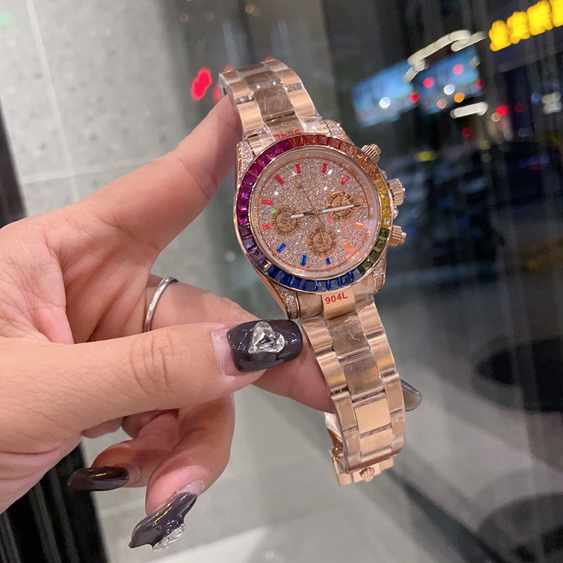 

Women Watch Diamond Rainbow Bezel Fashion Watches Quartz Movement 40mm Stainless Steel Rubber Strap Sapphire Waterproof Design Montre de luxe, Color 1