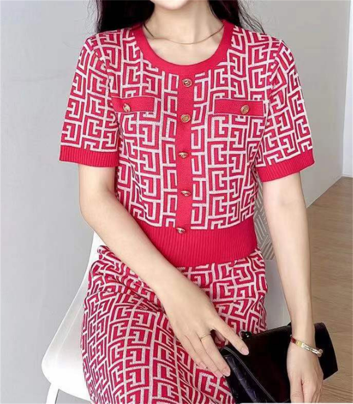 

Womens Casual Dresses Sweaters and Skirts Spring Summer Women's Two Piece Dress Elegant Knitting Shirts Stand-up Collar Short sleeved Shirt Slim Bag Hip Skirt Suit, Green