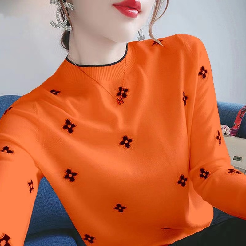 

2022 Fashion designer women's knits wear luxury Embroidered long-sleeved four-leaf Clover temperament Slim crew neck cotton, 66